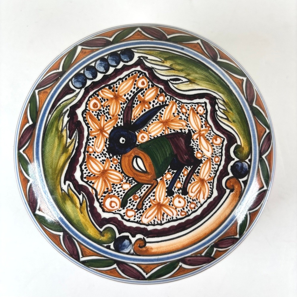 VTG Real Ceramica Hand Painted Lidded Trinket Box Rabbit Design Coimbra Portugal